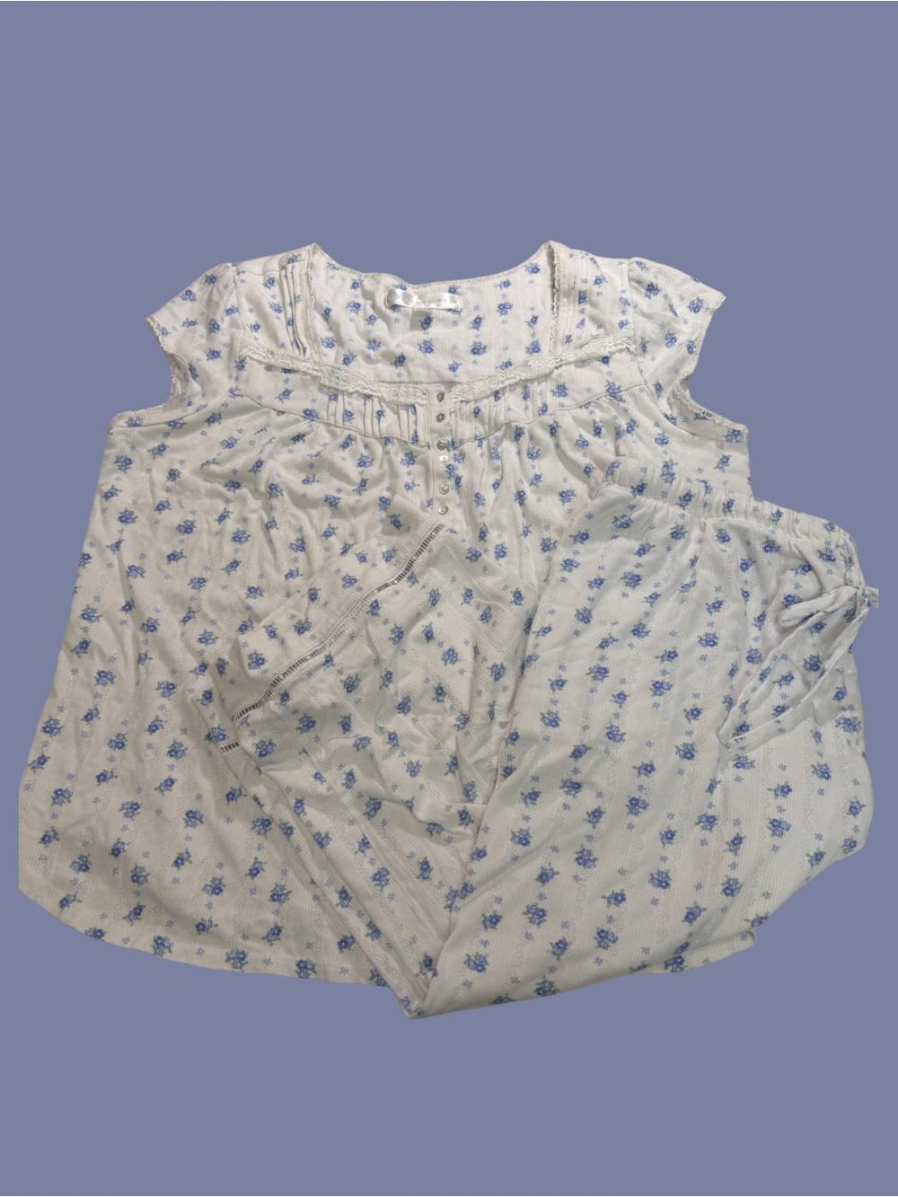 Eileen West Womens Pajamas LARGE White Floral Blue Cotton 2 Pc Pjs crops and Top